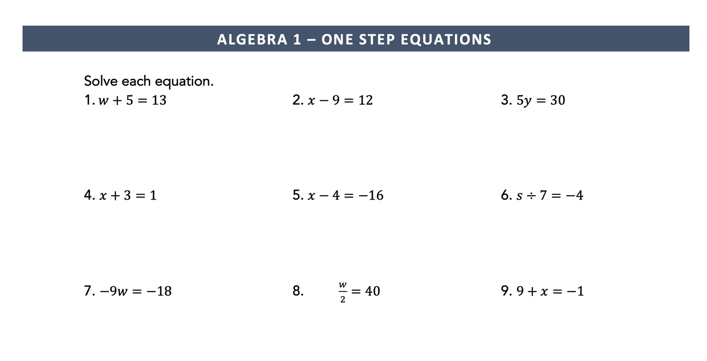 100 one-step equations